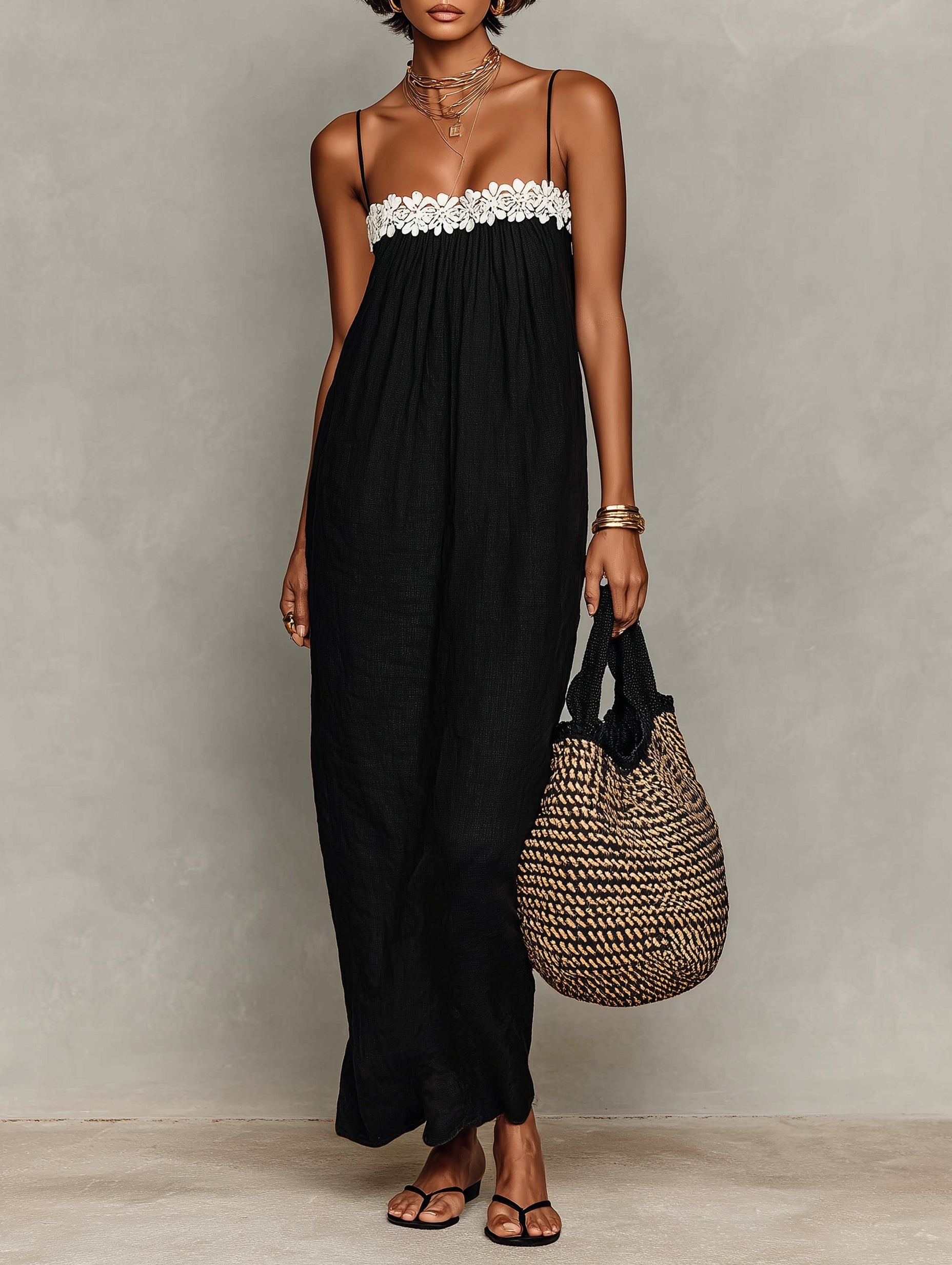 Linen Lace-Insert Strapless Maxi Dress