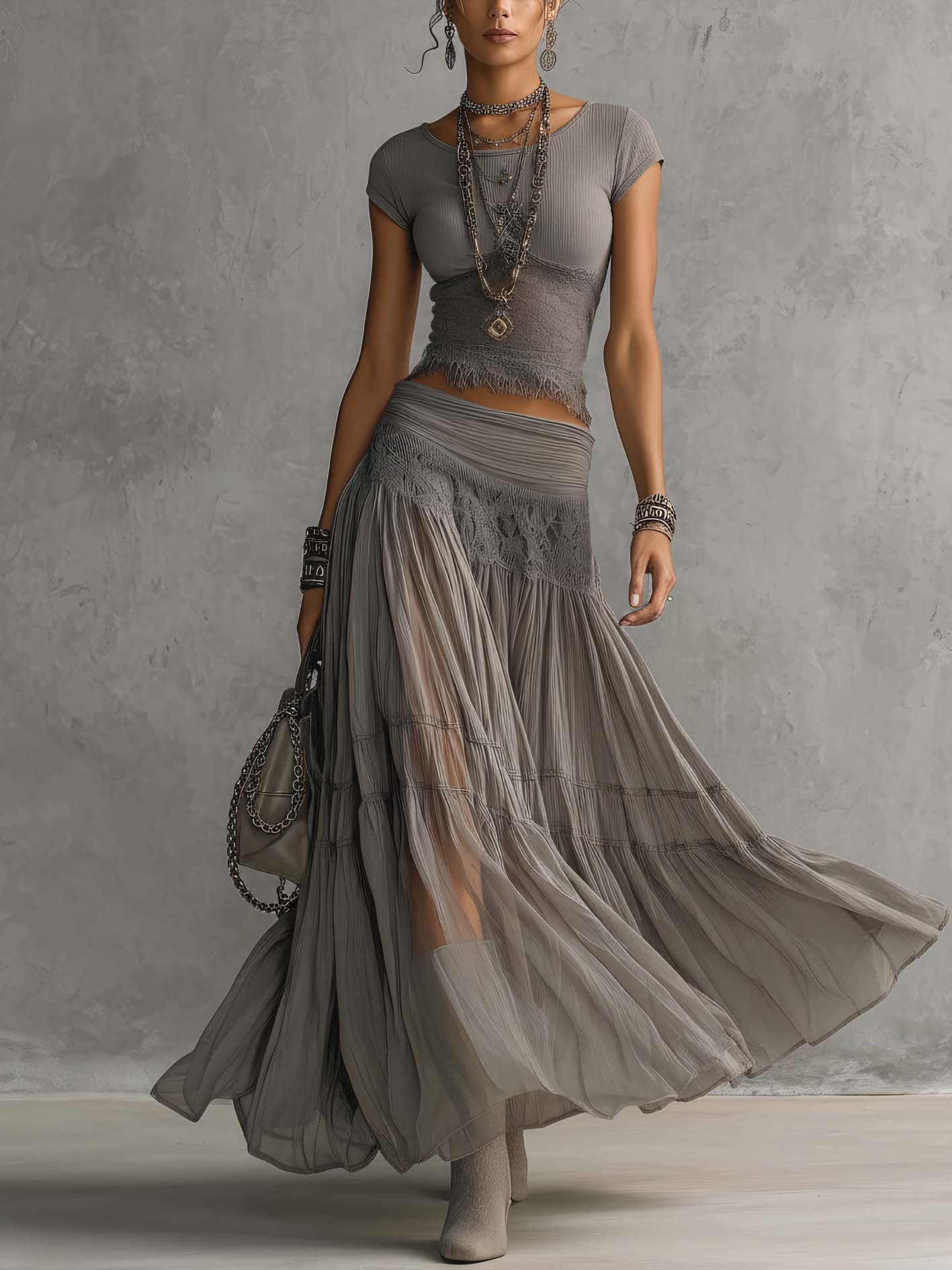 Casual Bohemian Short-sleeve T-shirt And Skirt Two-piece Set