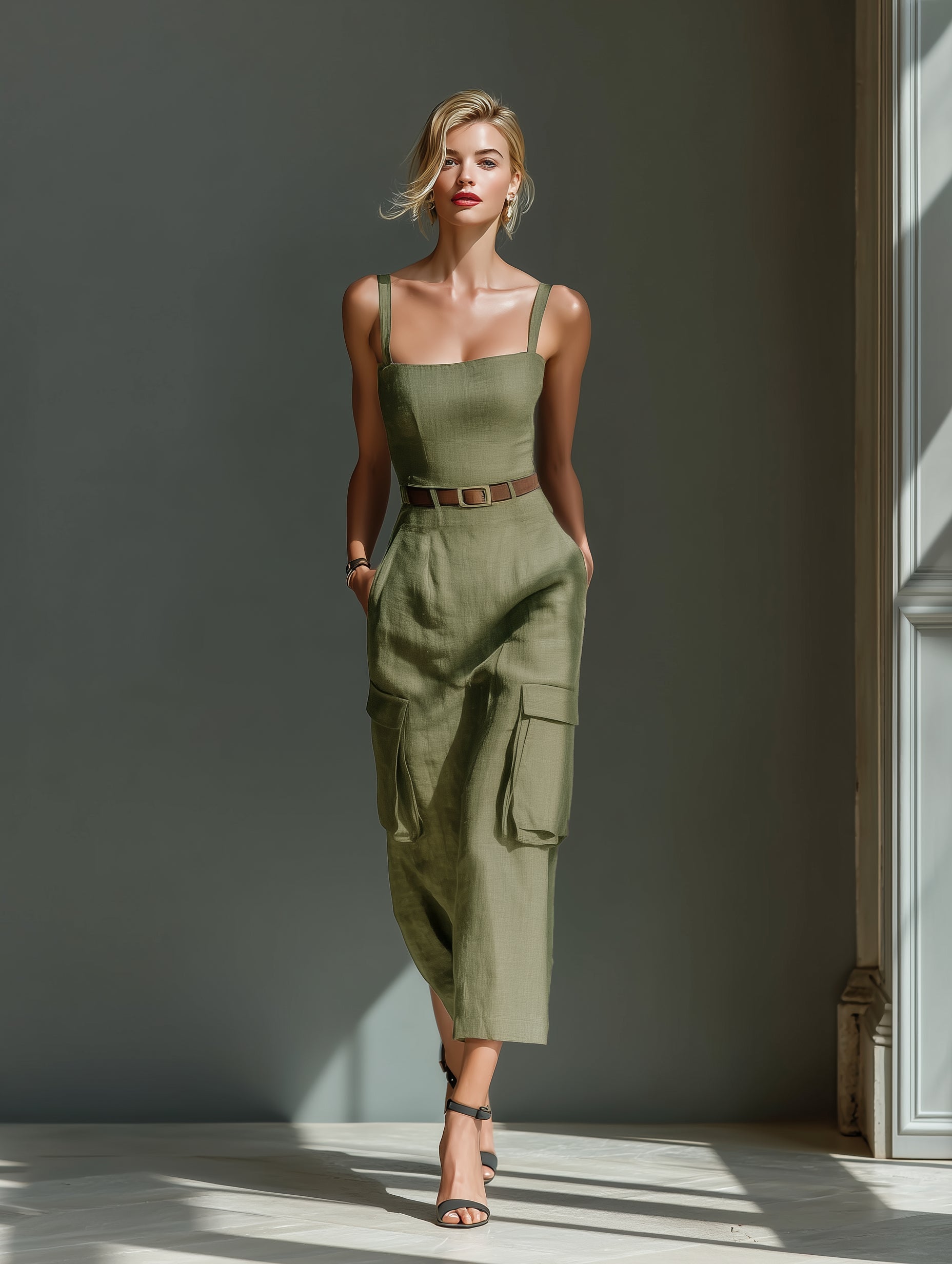 Olive Linen Utility Midi Dress(Includes belt)