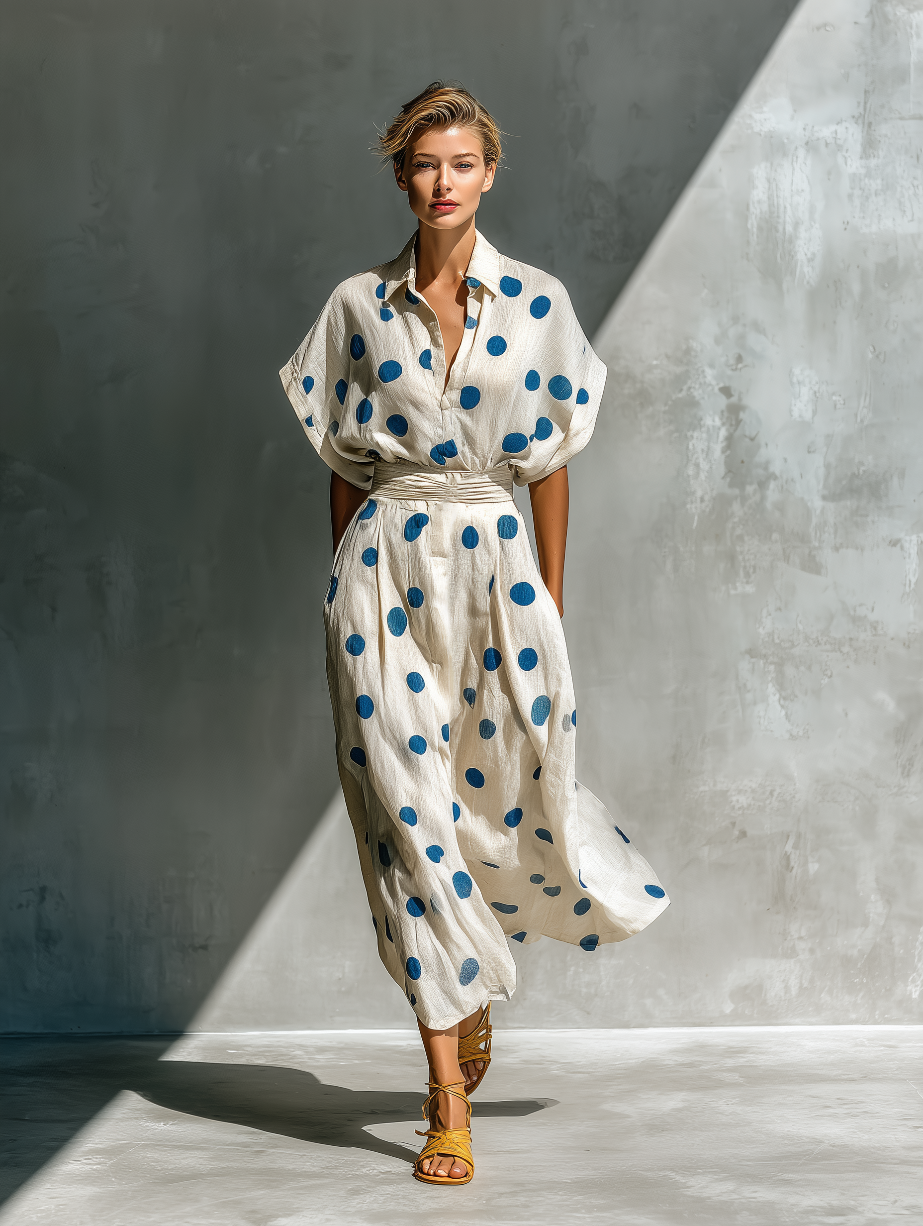 Linen-Blend Polka Dot Shirt Dress