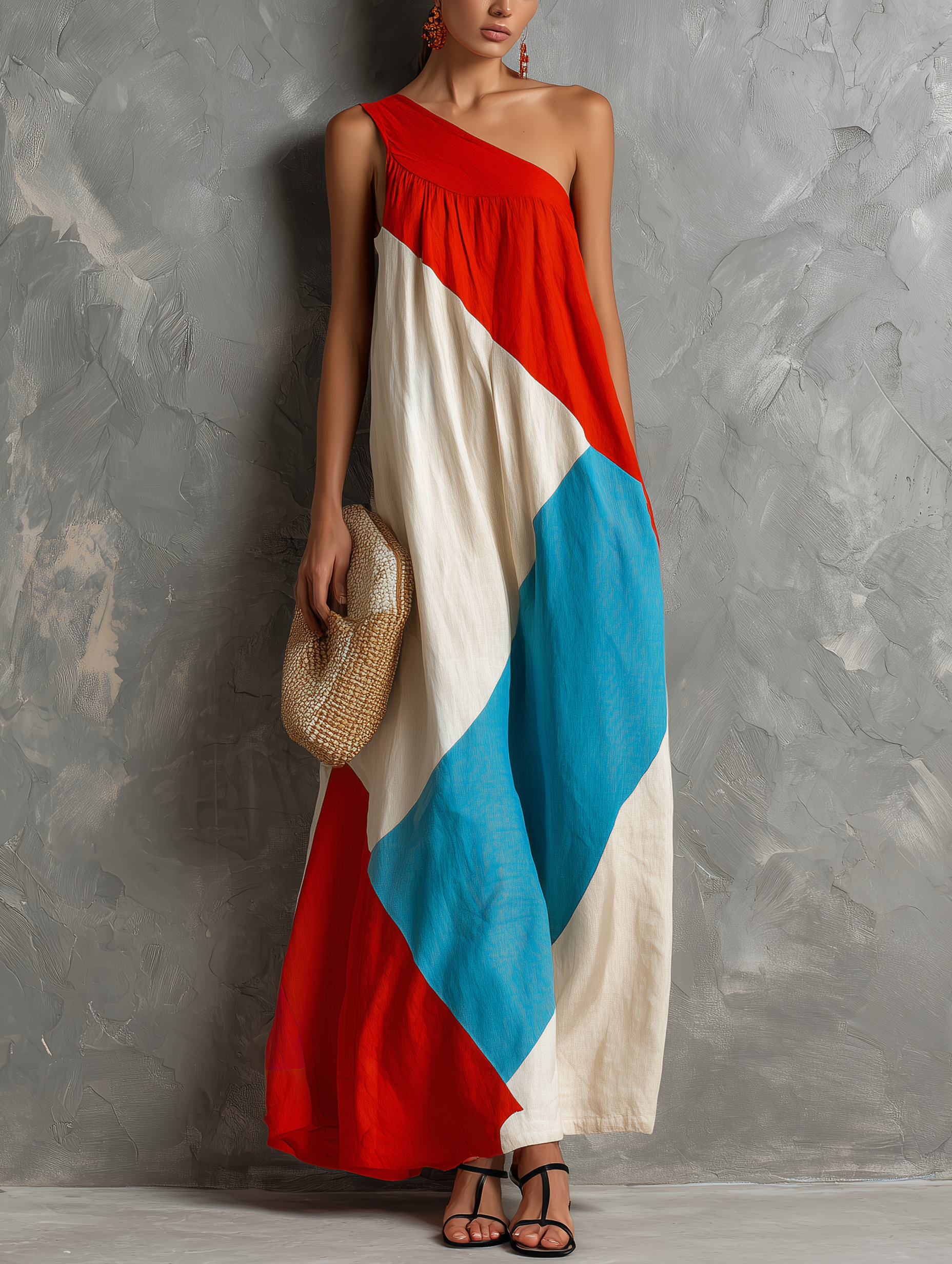 Color-Block One-Shoulder Maxi Dress