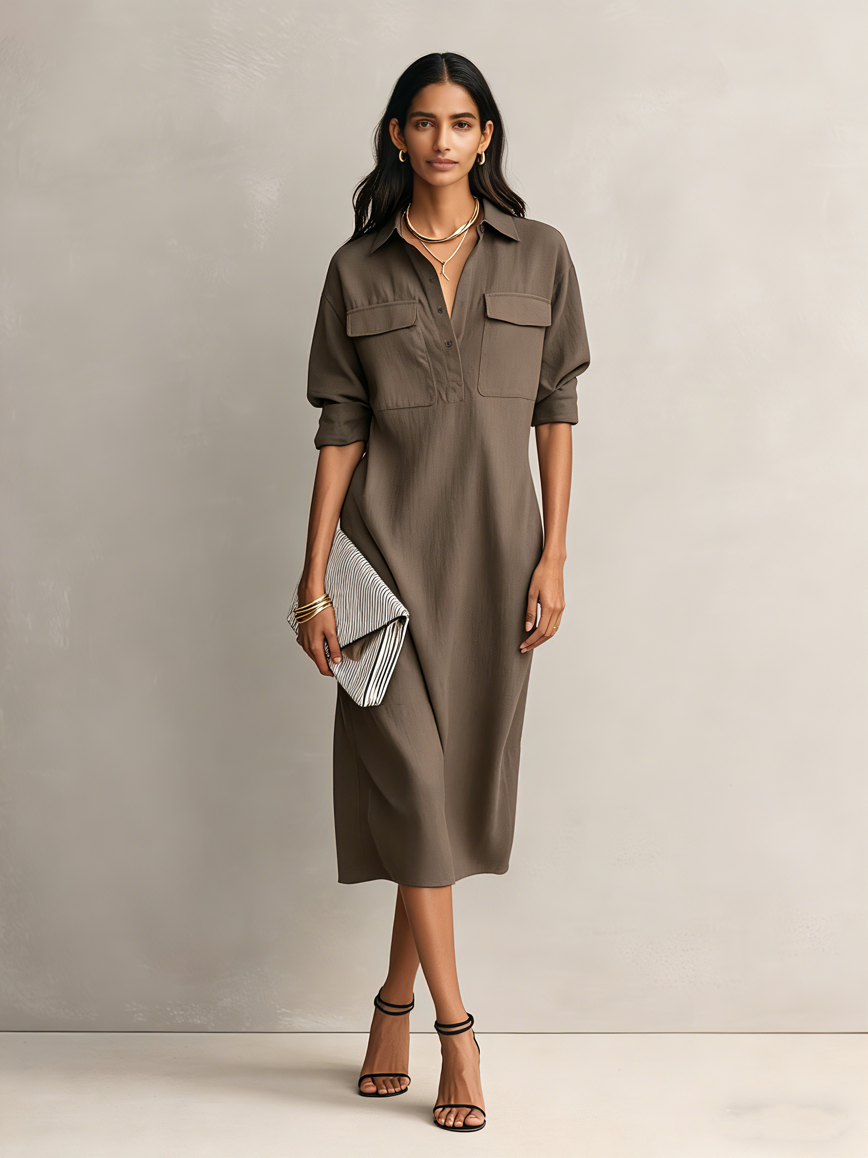 Shirt Collar Cotton-Linen Midi Dress